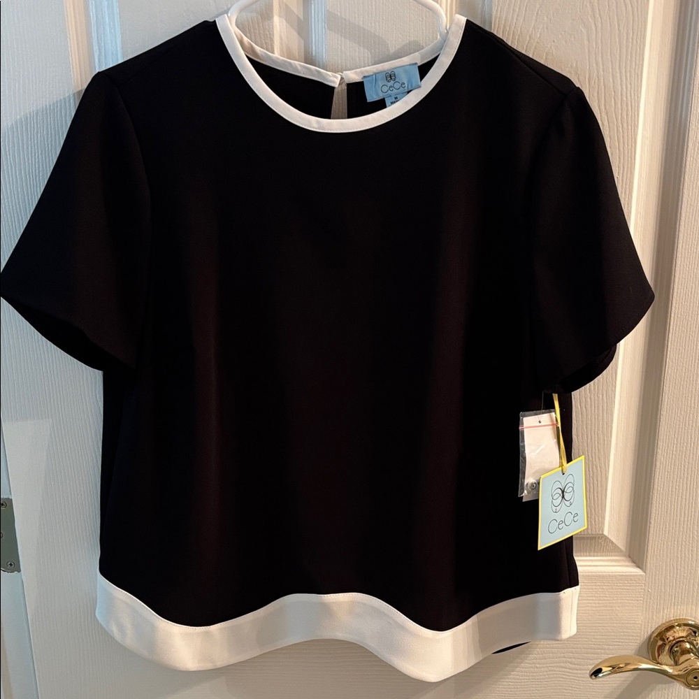 CeCe Women's Scalloped Black Top with CreamTrim  and matching scalloped skir NWT
